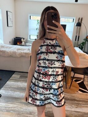NBD White Halter Mini Dress with Red and Blue Floral Print